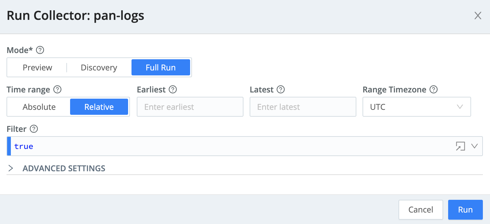 Run Configuration modal